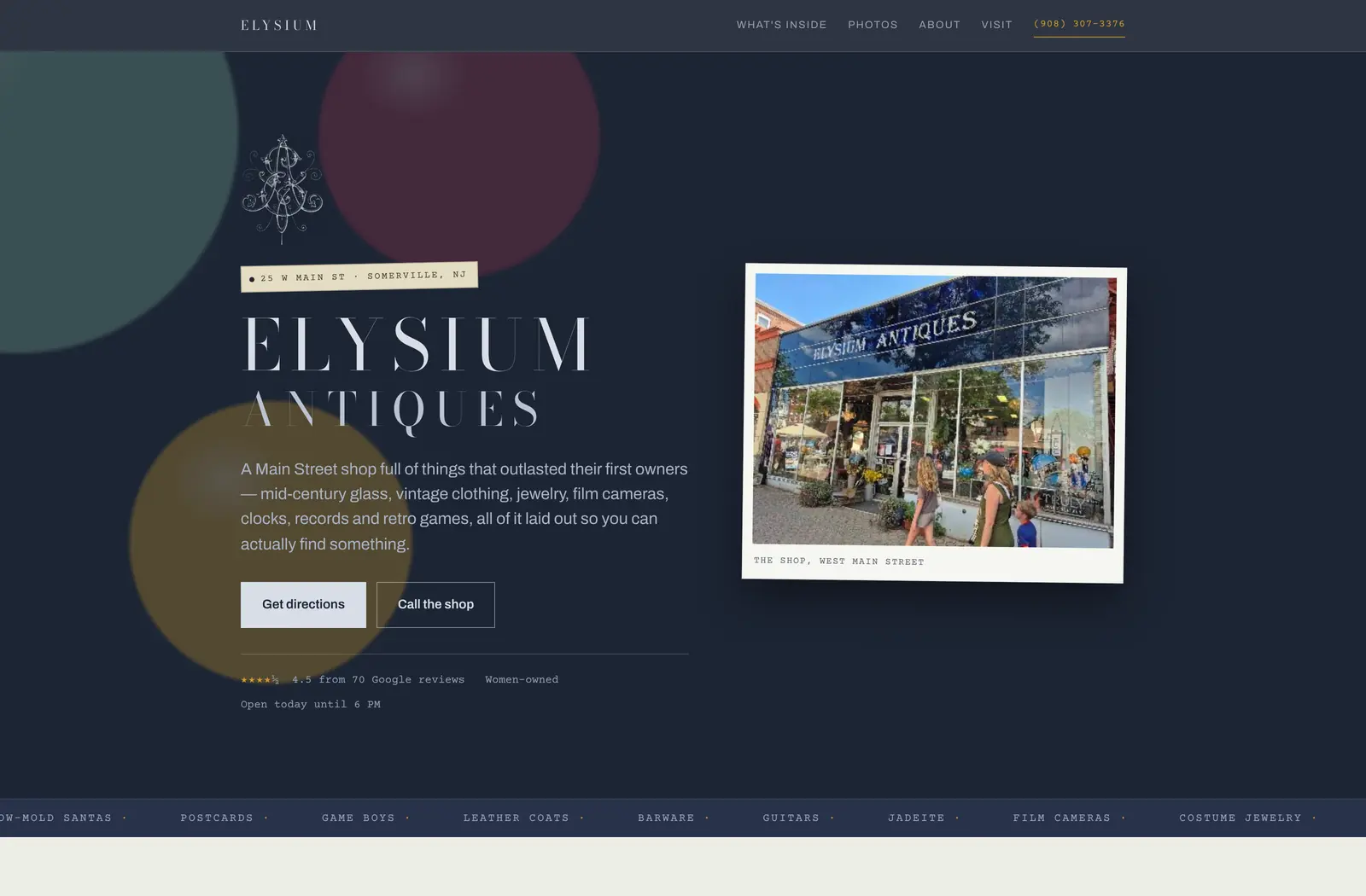 Homepage of the Elysium Antiques website
