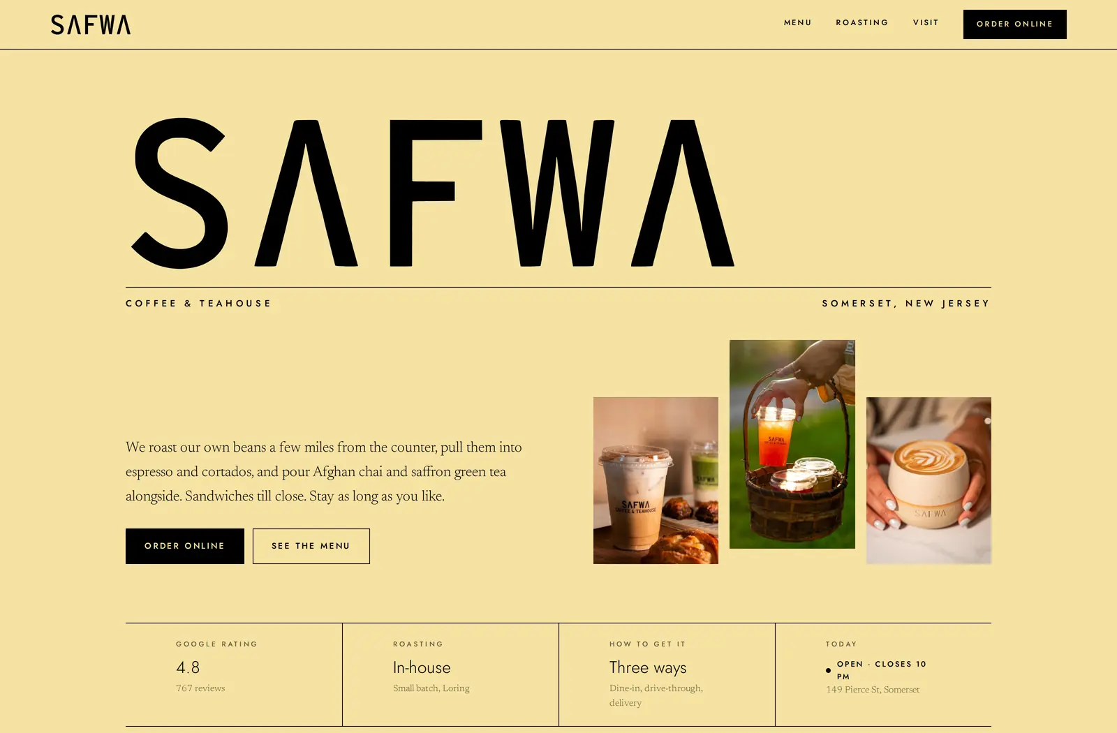 Homepage of the Safwa Coffee and Teahouse website